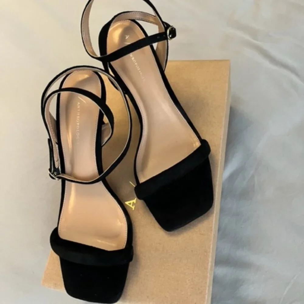 By Anthropologie Square-Toe Ankle-Strap Black Heels Size 39 - Picture 2 of 6